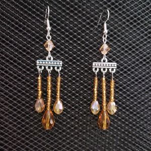 Topaz- and honey-colored faceted glass crystal chandelier earrings